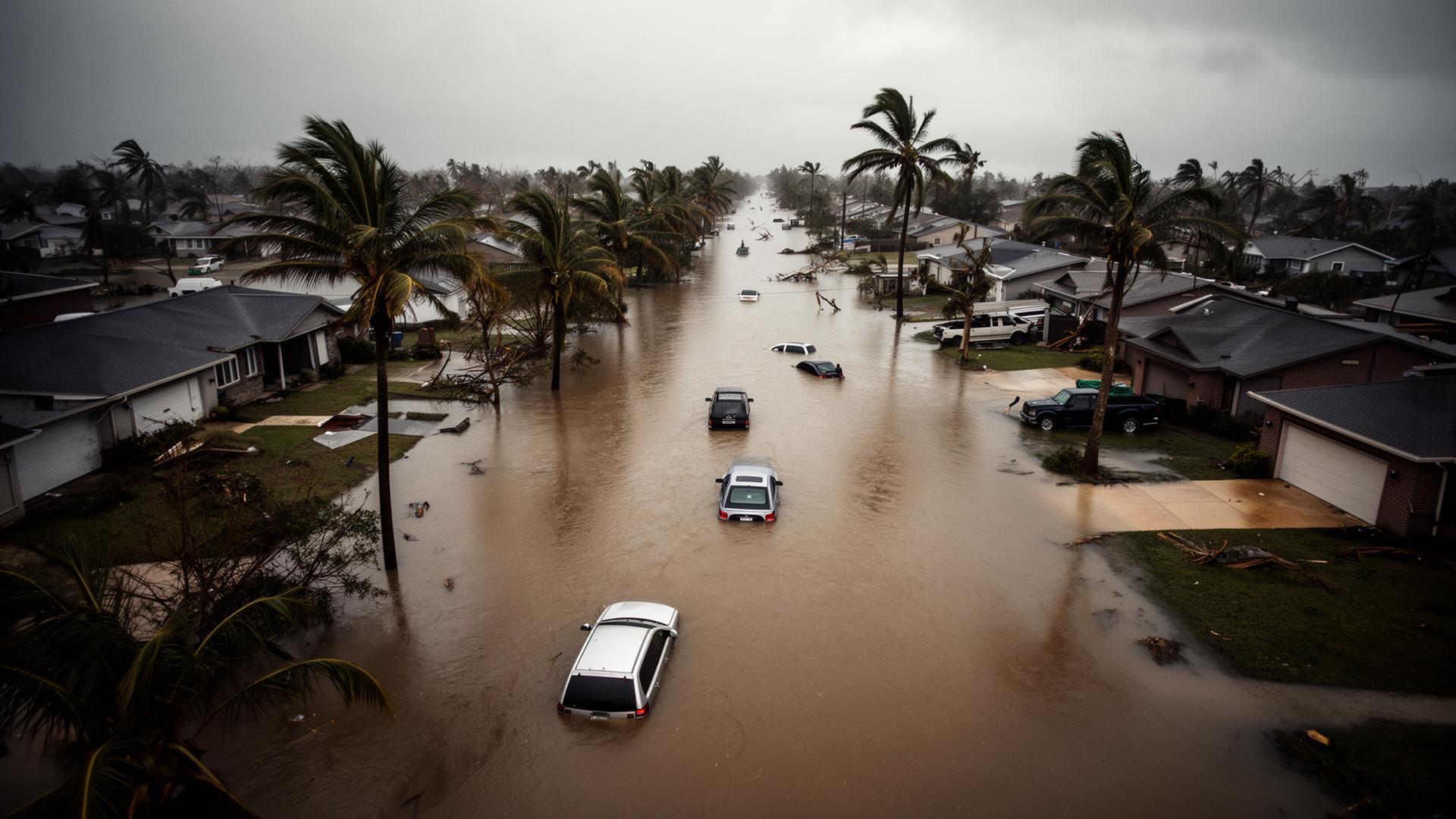 Aerial view of a flooded Florida neighborhood after a hurricane, with cars submerged in standing water