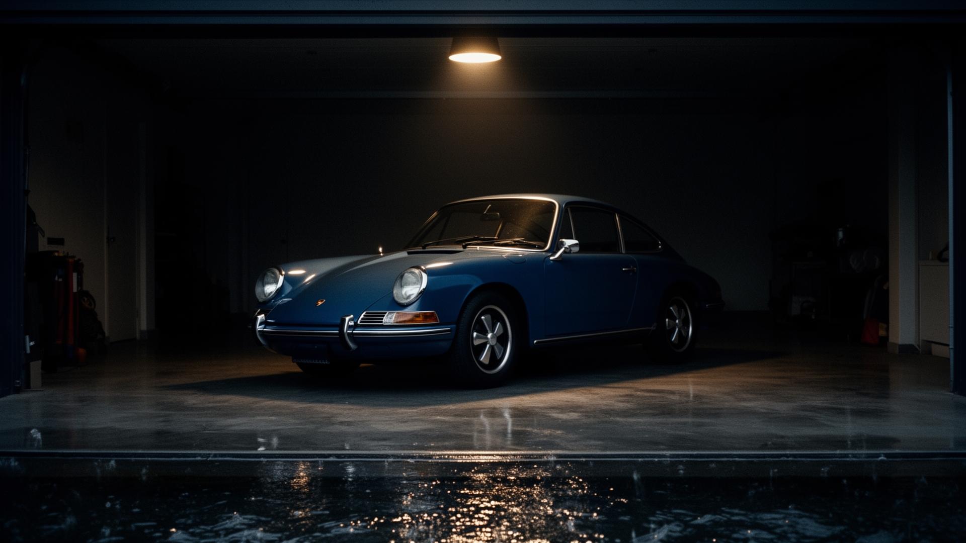 Classic blue Porsche 911 in a dark collector garage with floodwater rising at the threshold